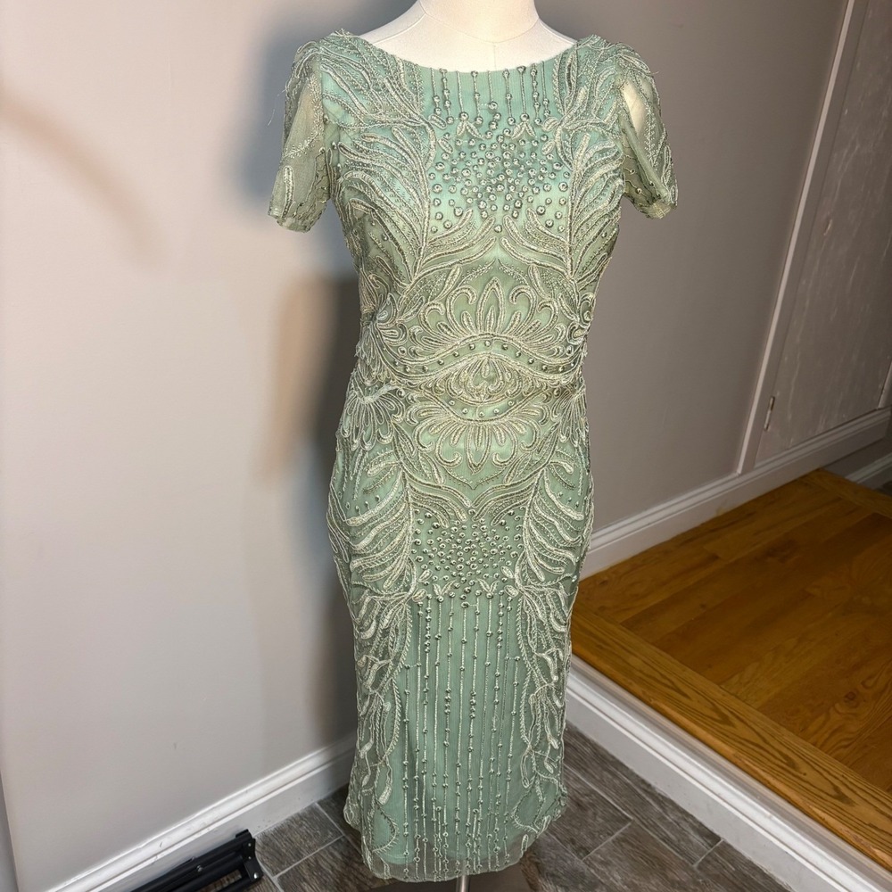 Cameron Blake Sage Green Corded Embroidery Mesh Midi Formal Sheath Dress sz 4